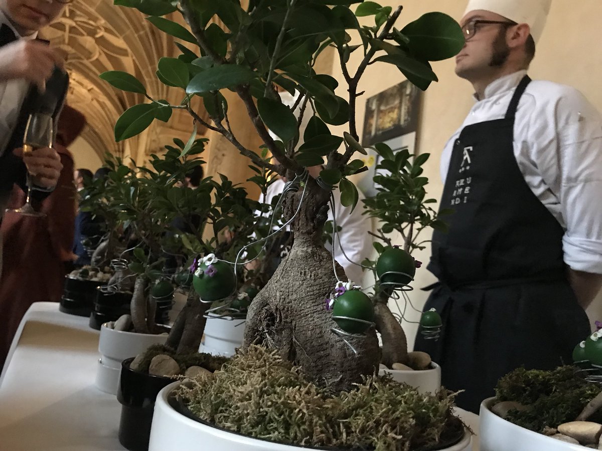 BenGalley's tweet photo. This event just got even more fantastical. Monks serving wine? Tiny trees with hors d'oeuvres in the branches? By Odin’s kneecaps. https://t.co/GA5xCn64PH