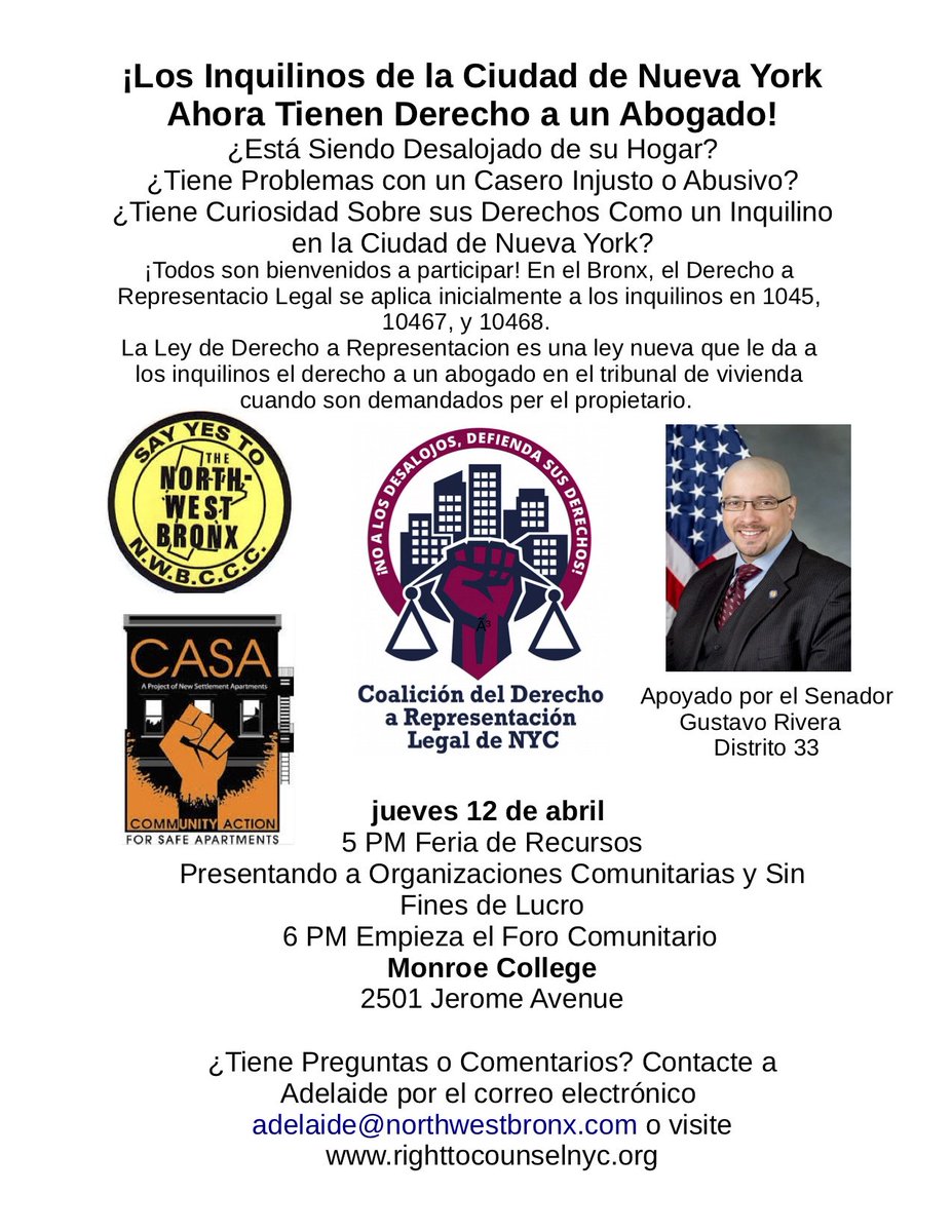 SciNetwcrk's tweet photo. ¡Inquilinos del Bronx--Registrate hoy para el foro este jueves! https://t.co/ZAXX36hDF0 #RTCNYC @Vanessalgibson @NYSenatorRivera @CASABronx @northwestbronx @POTSBronx @NorwoodNews @BronxDefenders @UrbanJustice @LSNYCnews @NMICnyc https://t.co/lghDfO4Zbe