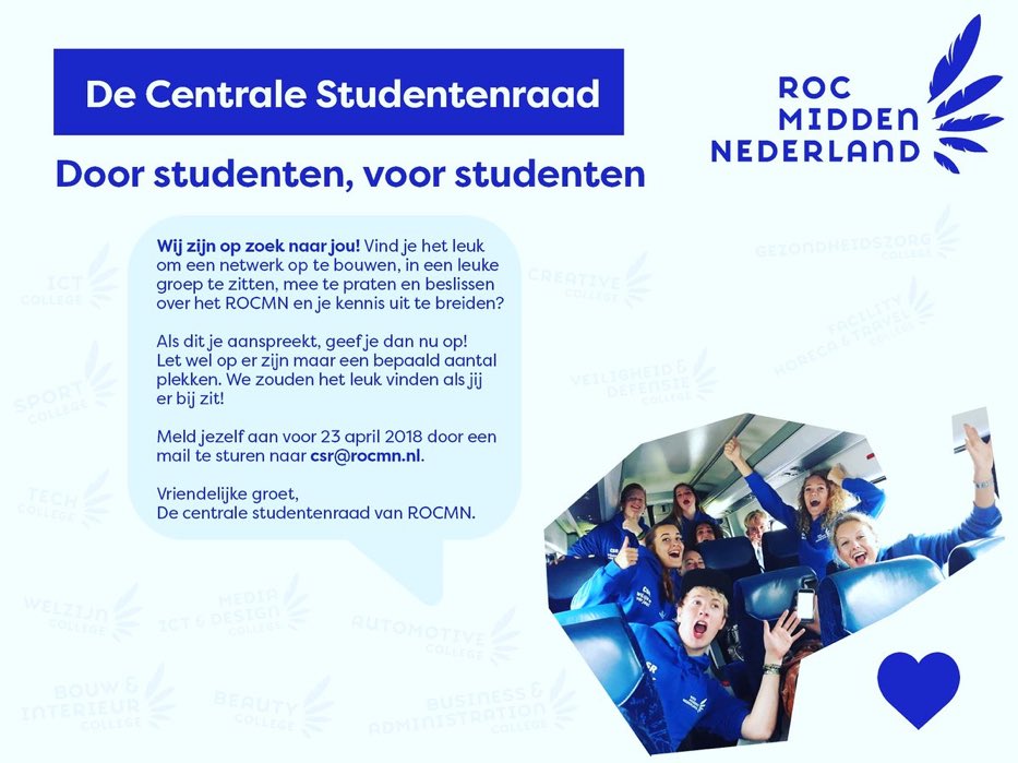 Wij zijn op zoek naar jou! Netwerk opbouwen, excelleren, meepraten &amp; beslissen? Meld je dan nu aan voor de CSR van <a href="/ROC_MN/">ROC Midden Nederland</a>! #ditismbo #Mbo #studenten #rocmn #topteam #trots