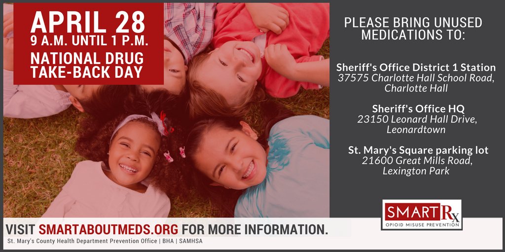 HealthyStMarys's tweet photo. Our partners at @SMCHD_gov  and @firstsheriff  will be hosting local events for #NationalTakeBackDay! Dispose of your unwanted, unused or expired #medications to keep them off the streets! https://t.co/TMeiTBGW7s #OpioidCrisis #Prevention #MDDestinationRecovery #StMarysCounty https://t.co/caV1OzeyjV