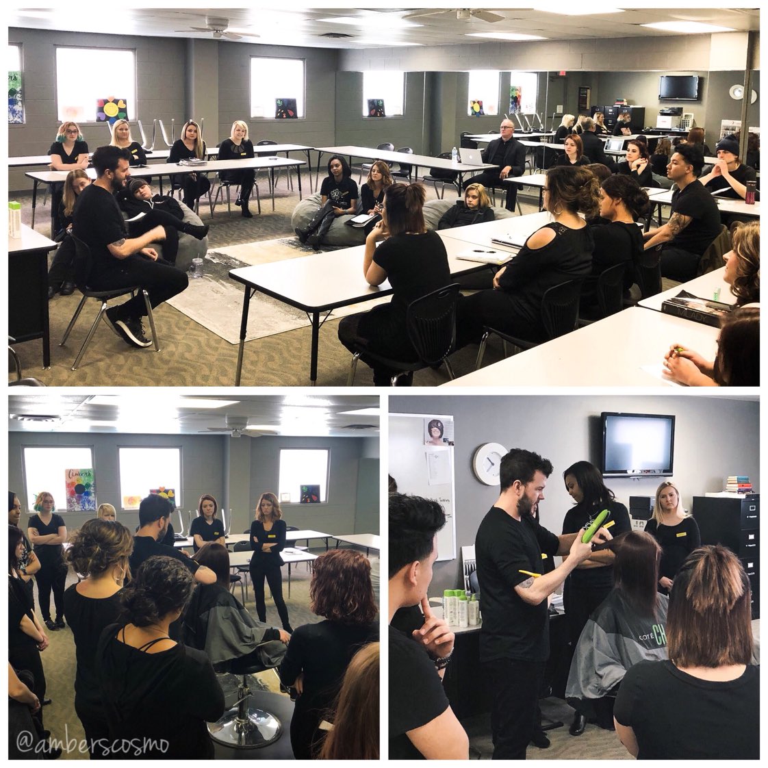 AmbersCosmo's tweet photo. Today we brought in @BucoButch  from @Cotehaircare to speak to our students and demonstrate techniques. 😍💚👏🏻 Our students only learn from THE BEST 🌟✨ And as always, thank you for coming!!! We so enjoyed having you. ❤️❤️ https://t.co/EW1iDKYBCF