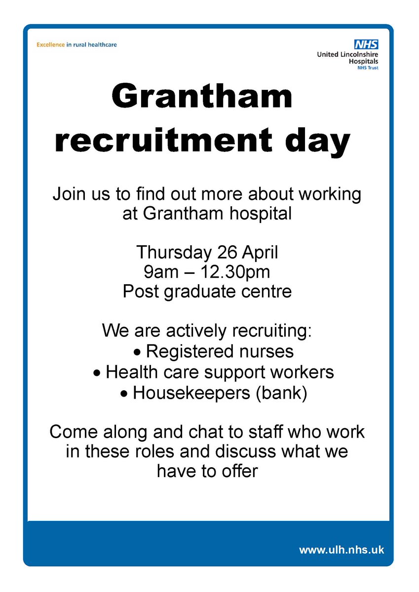 Interested in working at Grantham hospital?  We're holding a #recruitment day for registered nurses, healthcare support workers &amp; bank housekeepers on Thurs 26 April.  Pop along and find out more...
#NHS #careers #jobs