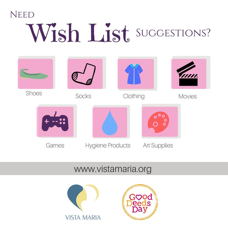 VistaMariaOrg's tweet photo. We’re just 5 days away from Good Deeds Day—a global day of “giving back” to our communities. This year, we’re asking that you check out our Amazon Wish List and consider purchasing items for our youth. Check out our Amazon Wish list here: https://t.co/mKbeYsKzgx https://t.co/hOIKdf5Yzn