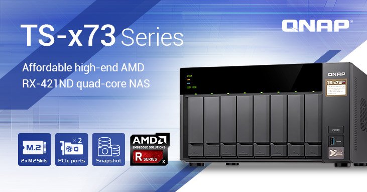 Neu bei <a href="/QNAP_nas/">QNAP Systems, Inc.</a> : TS-x73 Serie für KMUs. Gibts als Vier-Bay-, Sechs-Bay- und Acht-Bay- #NAS. Mit AMD RX-421ND Quad-Core CPU mit Turbo Core bis zu 3,4GHz, zwei PCIe-Steckplätzen. Verfügbar ab sofort ab 599,- Euro zzgl. Mwst. Mehr Infos --&gt; bit.ly/2GQVW3C