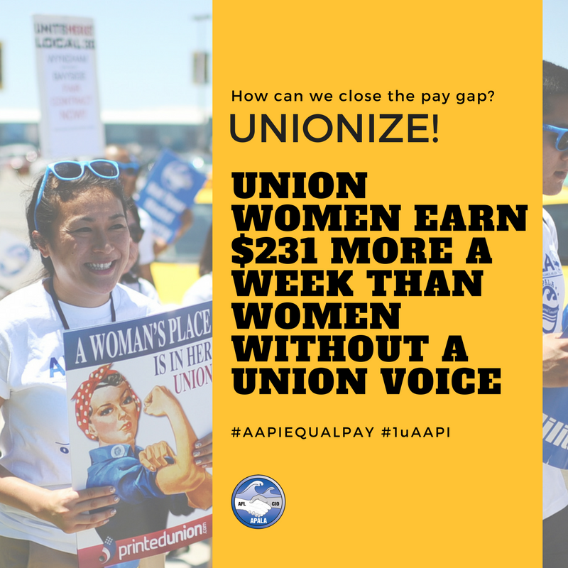 APALAnational's tweet image. How can we close the pay gap? Unionize! 

Union women earn $231 more than women without a union voice. #EqualPayDay #1uAAPI