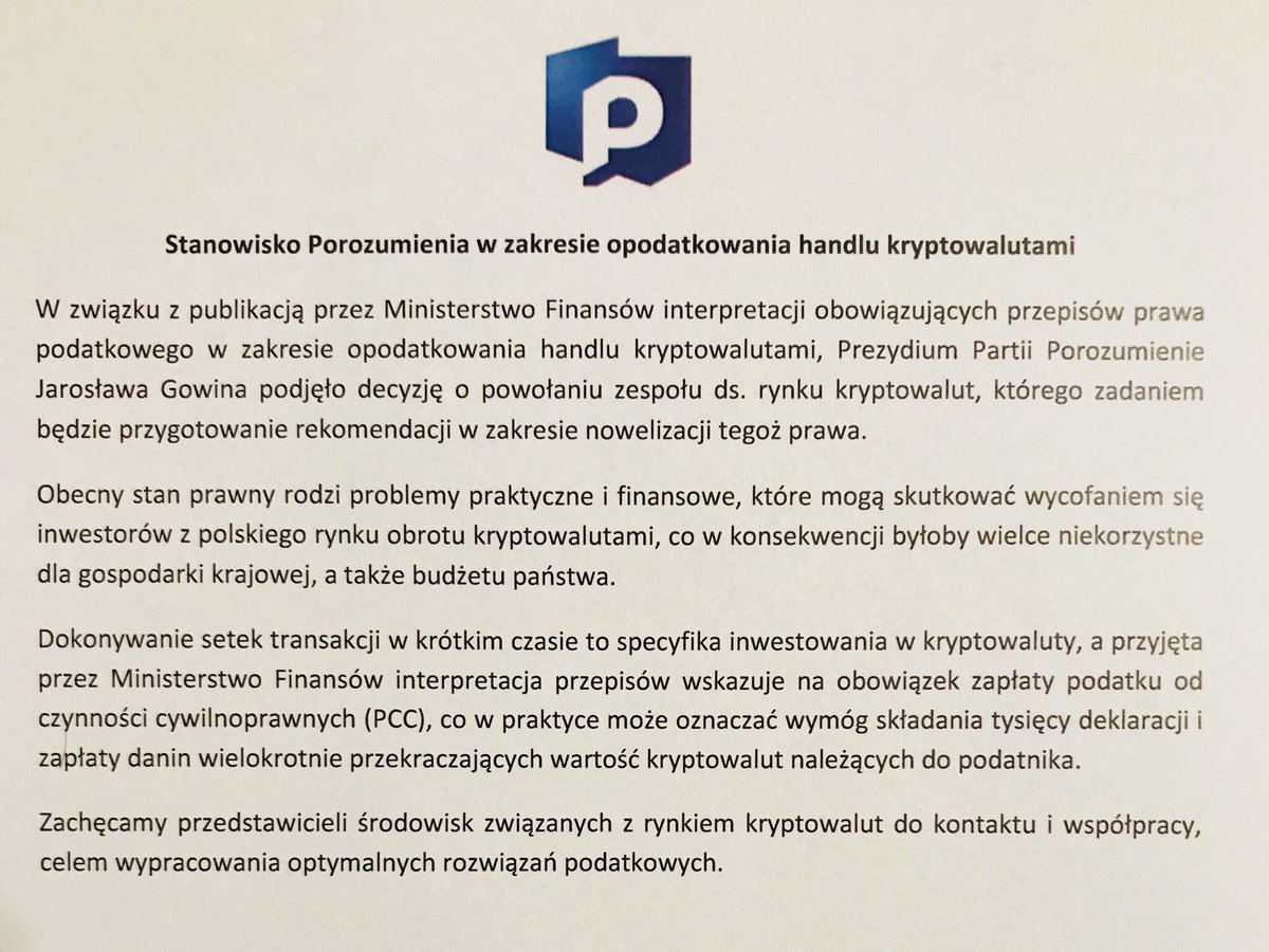 Porozumienie__'s tweet photo. Przyjęliśmy stanowisko w zakresie opodatkowania handlu kryptowalutami https://t.co/aGCKrDF8L2