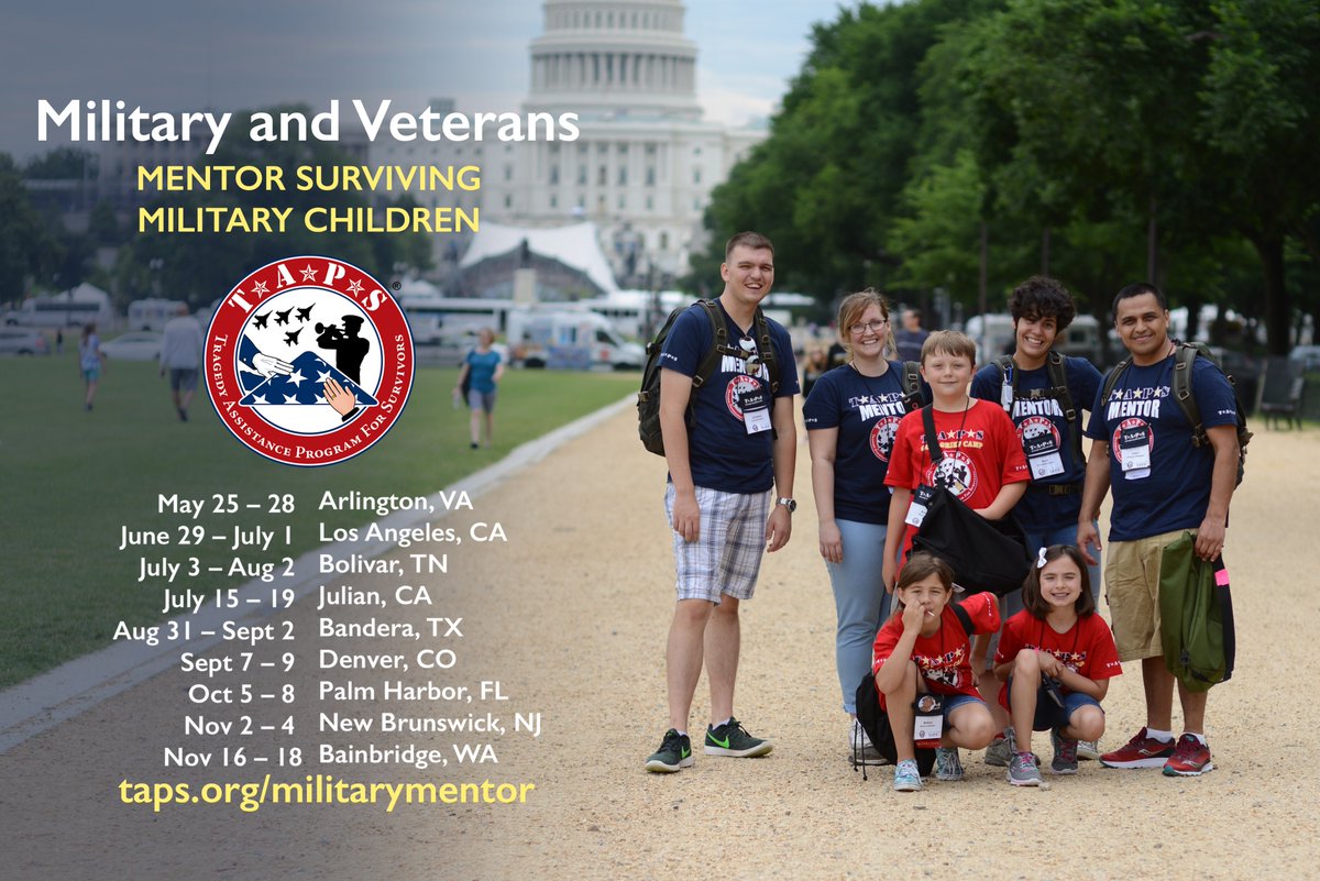 TAPSorg's tweet photo. ALCON: Military/Veterans we need you! Make a difference for child of a fallen hero by volunteering as a mentor at an upcoming TAPS Good Grief Camp including #MemorialDayWeekend in DC. Details at https://t.co/ToPHVsjxWb
#military #volunteer #childrenofthefallen https://t.co/8V7AOvHiZg