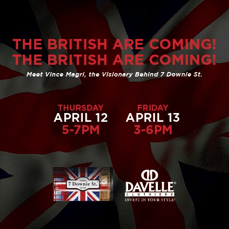 Vince Magri at <a href="/DavelleClothier/">Davelle Clothiers</a>, April 12 &amp; 13, to help #style your look. These global #designs take any man to the next level with bold patterns/colors... Enjoy beverages &amp; appetizers while exploring the collection. Attendees receive a free pair of signature 7 Downie St. socks!