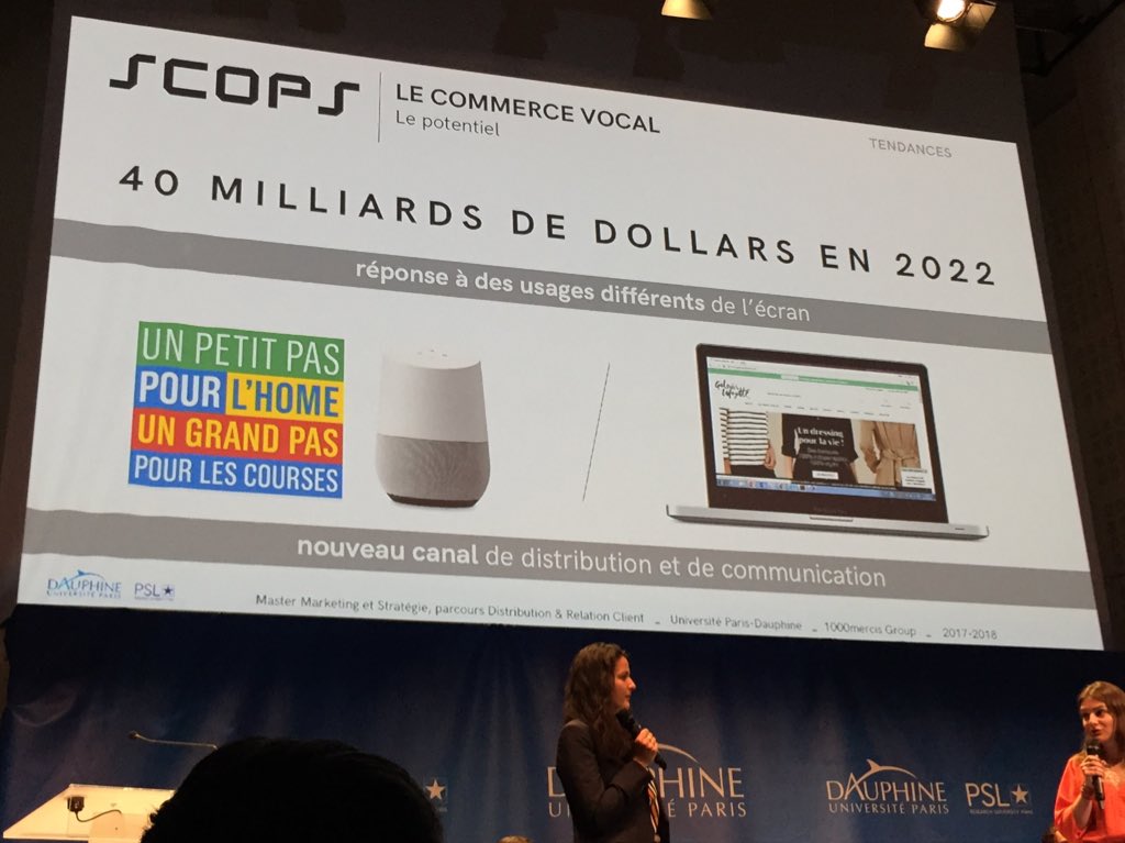 ThierrySpencer's tweet photo. Le commerce vocal : une des tendances identifiée par les étudiants @Paris_Dauphine ➡️ 40 milliards de dollars dans 4 ans #SCOPS18 👍🏻 « le client sera voix » https://t.co/d7DoEJIPDx