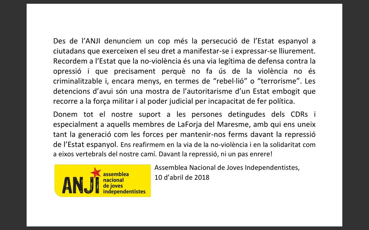 Des de l'ANJI ens solidaritzem amb les persones dels <a href="/CDRCatOficial/">CDR Catalunya #RevoltaPopular 🔥</a> que avui han estat detingudes, especialment amb els joves de <a href="/LaForja_Jovent/">La Forja</a>. Donem tot el nostre suport a les manifestacions d'aquest vespre. Davant la repressió de l'Estat, ni un pas enrere!