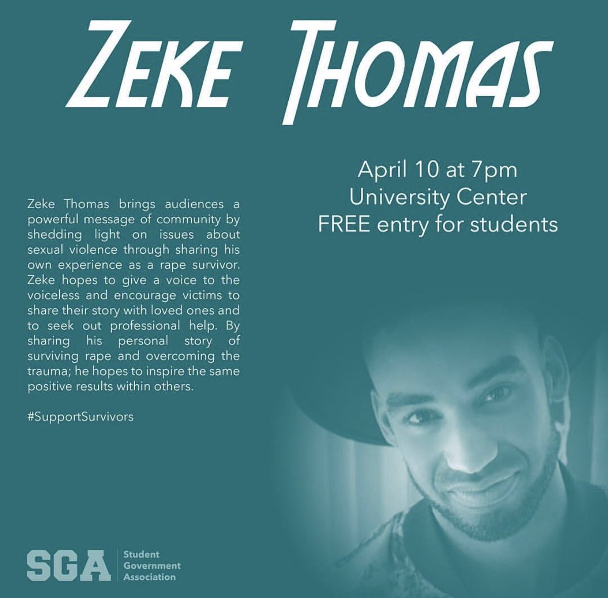 Tonight Zeke Thomas will be presenting his story with sexual assault and the importance of awareness on the topic. This is a great way to get involved and acknowledge sexual assault awareness month! Don’t miss out! #LionUp