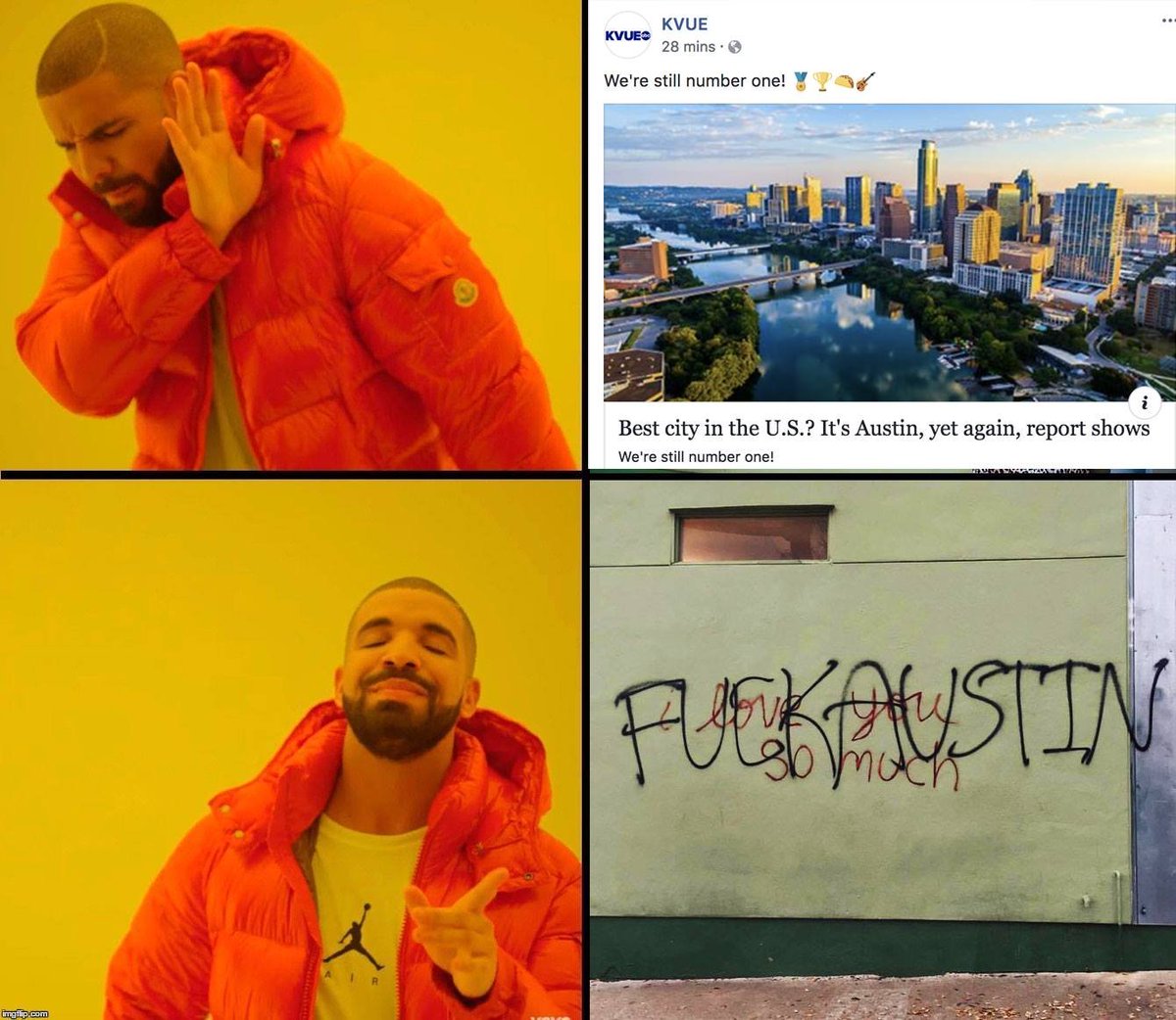 defendourhoodz's tweet photo. It's the return of the 'Fuck Austin So Much' tag and Drake to respond to another BS 'Austin is the Best' study pushed out be real estate groups and the chamber of commerce. We fight for Austin's working-class, not the PR-firm version of Austin #defendtheHood or #GTFO https://t.co/buCnYbAaa4