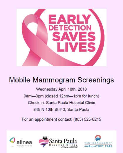 long_km's tweet image. Mobile Mammogram Screenings are now available at the Santa Paula Hospital Clinic!  Remember...early detections saves lives!
DATE: 4/18/18
TIME: 9 AM - 3 PM (closed 12 PM - 1 PM for lunch)
LOCATION: 845 N. 10th St. #3 in Santa Paula
For an appointment, please call (805) 525-0215