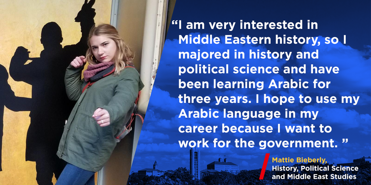 #KUMidEast student, Mattie Bieberly has been studying #Arabic #language for three years, and hopes to put her language skills to use a her future #career in #government.