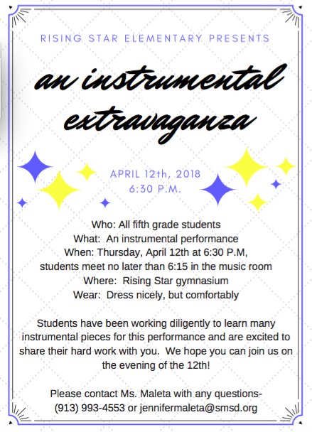 musicrisingstar's tweet photo. Don't forget, our fifth grade concert is this Thursday at 6:30 p.m.!  @QuickSMSD @MrsHarris512 @Mrs_DevinEllis @MrWilliams1245 @RStar512 #Imsoexcited #andijustcanthideit https://t.co/YgvKcxXgI1
