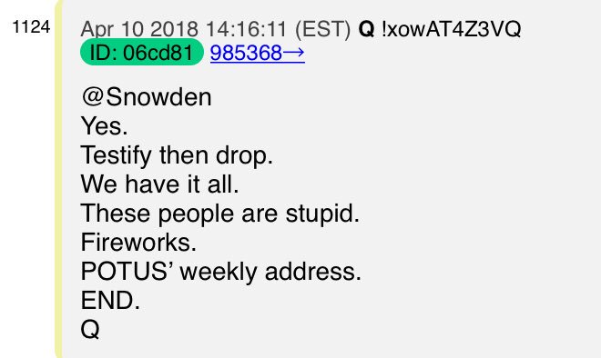 New Q 04/10 14:16 Q speaks to  @Snowden & says, Yes, testify then drop!! He says we have it ALL &  #ThesePeopleAreStupid  Fireworks coming!!  @POTUS weekly address!! I’m hoping Q means this will be the END for those evil, sick, stupid people!!  #QAnon  #AprilShowers  #BuckleUp