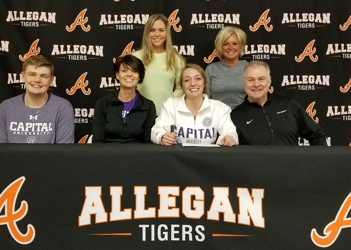 AlleganTigers's tweet photo. Congrats to the Nahikian family as Delanie signed her letter of intent to play volleyball at Capital University in Columbus Ohio next fall. Go Tigers https://t.co/ZogMNKMgoT