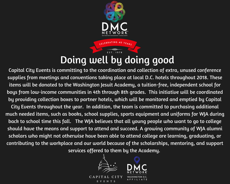 DMCNetworkLLC's tweet photo. This month, we'd like to highlight our Washington D.C. partner Capital City Events. They are taking a stand with @WashJesAcademy to make education easily accessible for all children. #DMCNdoesGood
#DMCN #DMCNetwork #Eventprofs #Meetingprofs #DMCNinDC https://t.co/jzS9sTm92W
