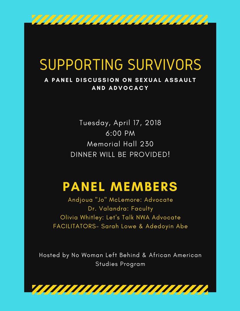 Save the Date! Supporting Survivors Panel and Dinner: a discussion on sexual assault and advocacy. Tuesday, April 17 at 6p in Memorial Hall 230. Hosted by <a href="/Arkansas_NWLB/">Arkansas_NWLB</a> and @UofArAAST.  #SAAM <a href="/uacoehp/">UA COEHP</a> @UA4Student