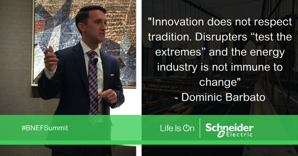 SchneiderElec's tweet photo. Innovation does not respect tradition. Disrupters “test the extremes” and the energy industry is not immune to change - @DominicBarbato #BNEFSummit #MeshGrid https://t.co/pVbEDaq5GL https://t.co/XGOFtzncZl