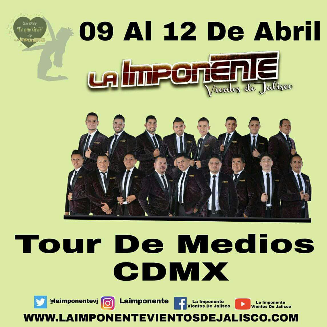 almitta86's tweet photo. Acompáñanos del 9 al 12 de abril, al tour de medios en La CDMX de la mejor banda 👑💃💕
@imponentevj, presentando su tema más reciente #DeRodillasTePido 💗
 ¡No puedes Faltar!😎💁🏻‍
#SeguimosPisandoMasQueFuerte 
#FamiliaImponente @ClubDeQueSirvio https://t.co/a3rEP2spZM