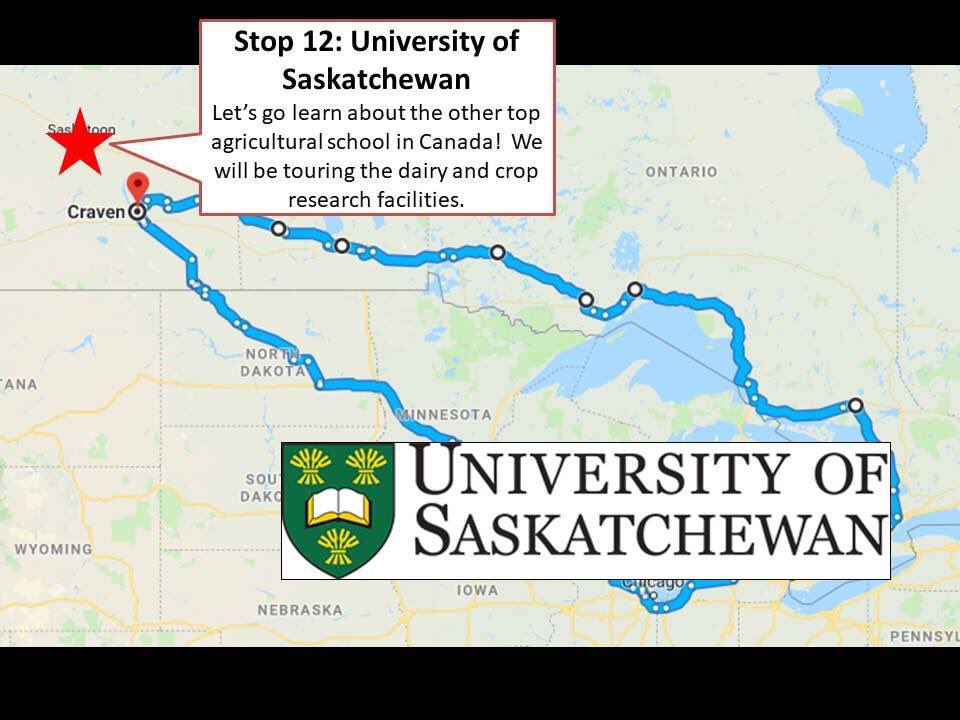 saskagtour's tweet photo. As the Aggies go West, we will be checking out what the Agros are up to! Stop number 12 is a morning at the University of Saskatchewan where we will tour their crop and livestock research facilities. #aggiesgowest https://t.co/ZQtMPxS3iR