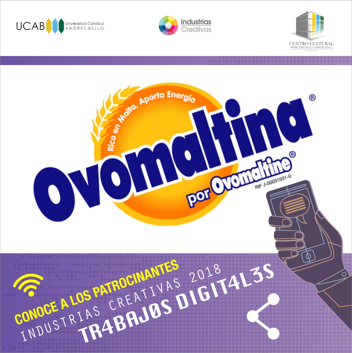 Este año volveremos a contar con las deliciosas sorpresas de #Ovomaltina. Le damos la #bienvenida  como patrocinante a #IndustriasCreativas2018 Trabajos Digitales, el 26 y 27 de abril en el @CCultural_UCAB Inscripciones en este formulario online ow.ly/lQYE30jofEy