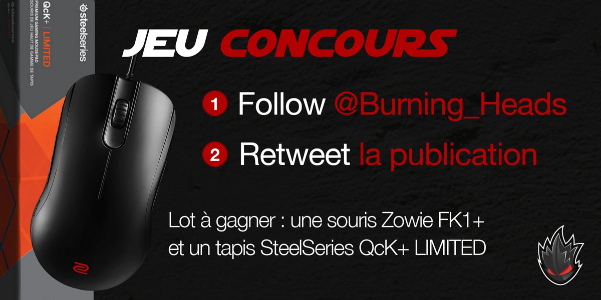 BH3_Esport's tweet photo. ⚠️ #JeuConcours #BH3  ! ⚠️   
• À gagner : Une souris Zowie FK1+ &amp; tapis SteelSeries QcK 👊  
• Pour participer : RT + Follow @Burning_Heads 😎 
• Fin mardi 17/04 👍  

Bonne chance à toutes et à tous 🔥 ! https://t.co/EBhLLnMbDf