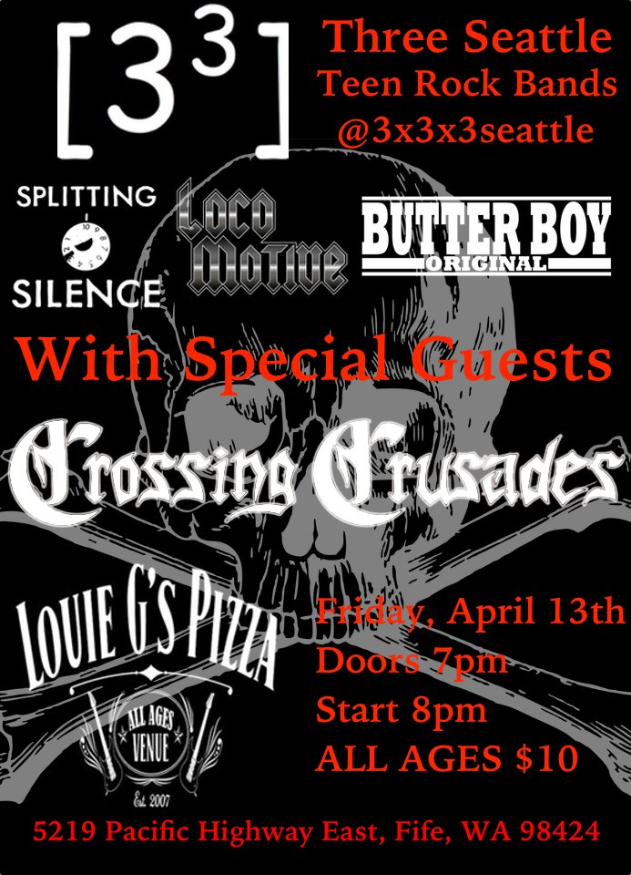 This Friday at <a href="/louiegspizza/">Louie G's Pizza</a>!! Celebrate the end of Spring Break with us, <a href="/splithesilence/">Splitting Silence</a>, Butter Boy and <a href="/crossingcrusade/">Crossing Crusades</a>!!