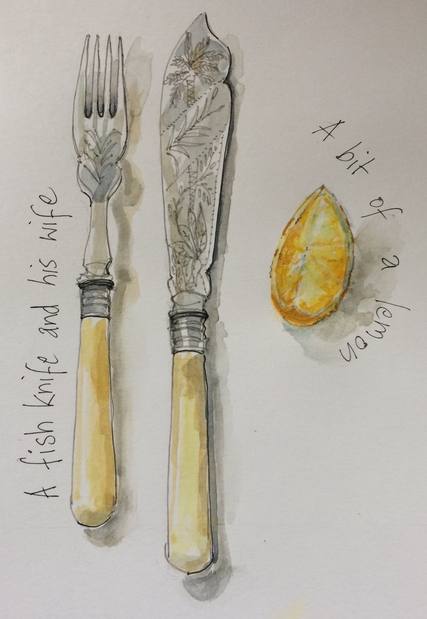 margaret irving miller on X: cutlery#antique#illustrate#sketch#draw #smile#watercolour#ink#knifeandfork#fish#food#presentation#art#words   / X