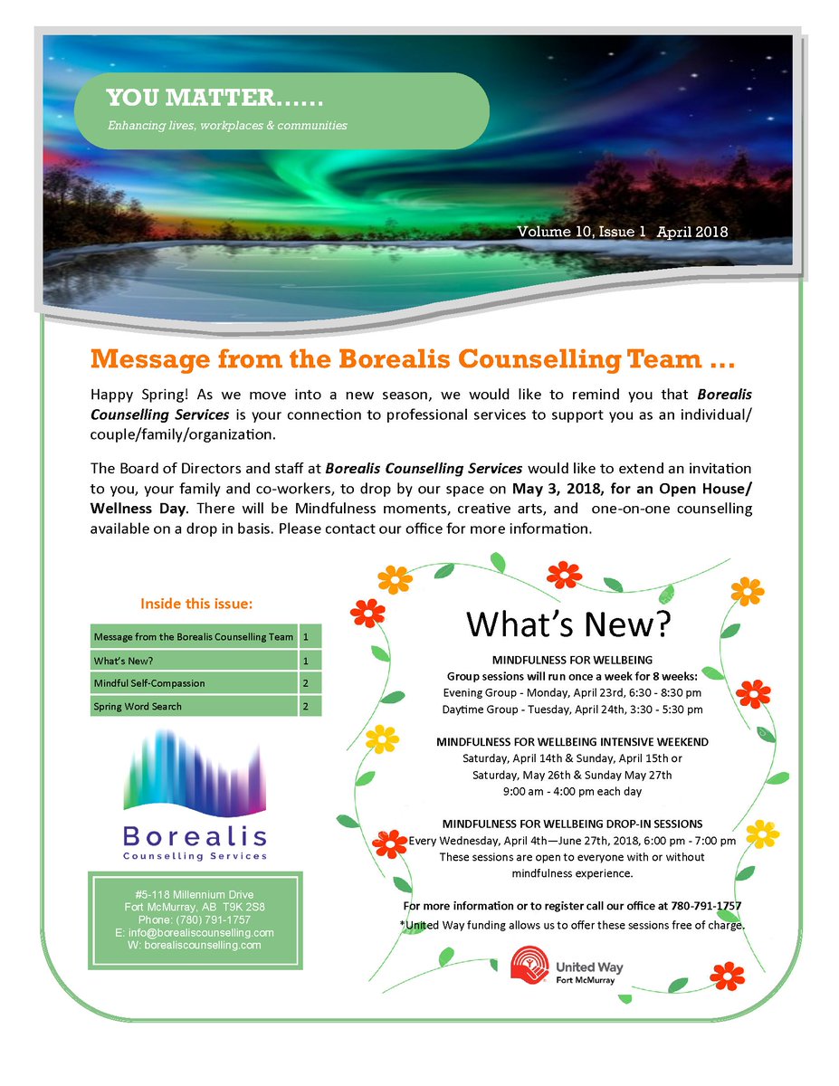BorealisCounsel's tweet photo. Our spring newsletter is all about self-compassion. Take a look at it below!

#ymm #ymm2018 #wellness #selfcompassion https://t.co/Yb13Mz7vSM