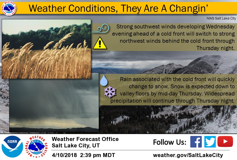 NWSSaltLakeCity's tweet photo. I hope you have enjoyed this warm, spring-like weather the last two days; big changes coming. Including using the s-word (ahem, snow). Spring time in the west, at it's best. #utwx https://t.co/82Y97S7SwM