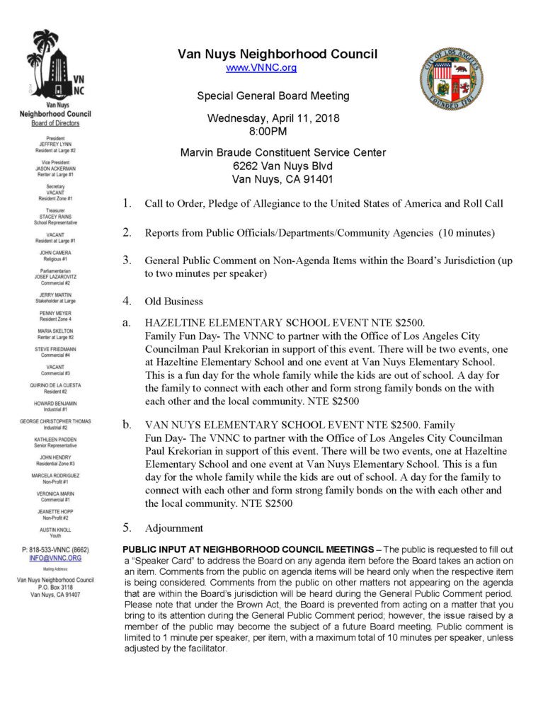 Van Nuys Neighborhood Council Special Board Meeting on Wednesday, April 11th, 2018 8:00 pm vnnc.org/2018/04/van-nu…