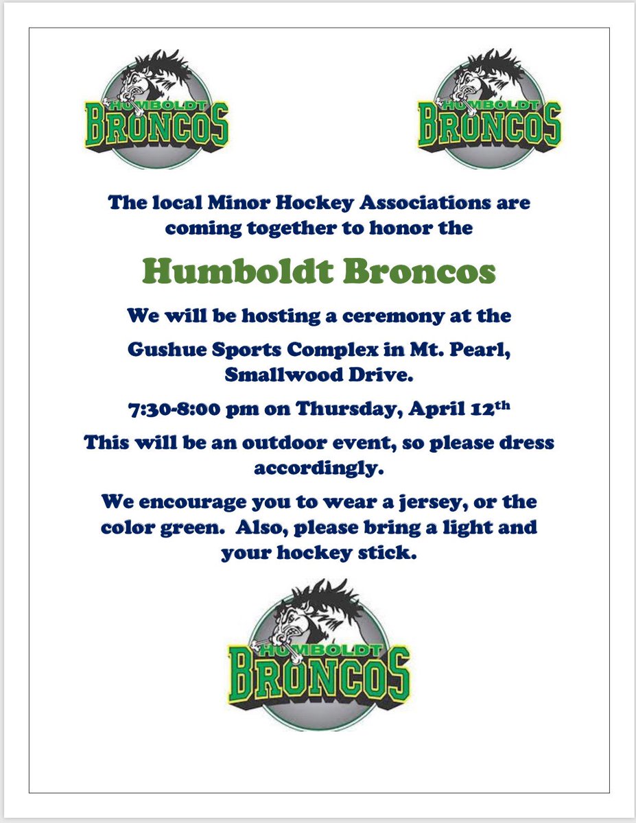 MtPearlBlades's tweet image. Come out and honour the @HumboldtBroncos with you local minor hockey association @HkyNL @DJHLnews @SJMHA @PmhaWarriors @RenegadeProud @ne_eagles @AvalonCeltics @Goulds_Minor @SSminorhockey #makeitglowforthebroncos