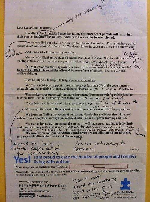 au_louise's tweet image. Autism $peaks: a disgusting, vile organization. I love this parent's response to this letter sent by them.  #actuallyautistic