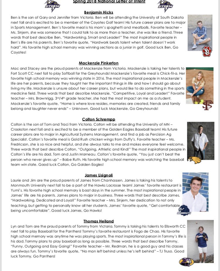 Reminder Storm Nation to please join us tomorrow morning to celebrate with 10 student-athletes as they sign their National Letter of Intent.  Program begins at 7:15am in the Theater.  #GoBlue #WeAreChan #NLI18 #ProudAD