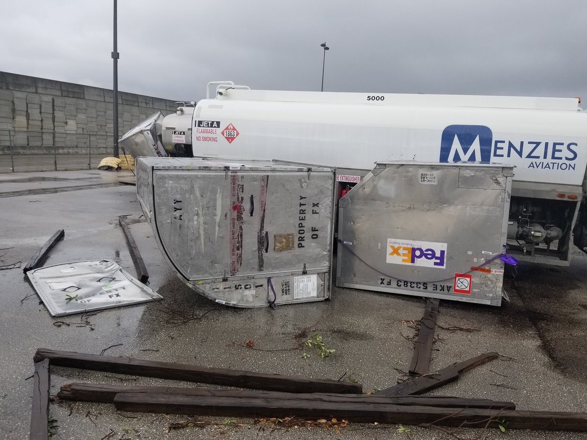 MattReaganWX's tweet image. Damage pictures from potential tornado touchdown at Ft. Lauderdale Hollywood International Airport. Airplane, which is tied down, was also moved slightly. (Not sure if it’s a tornado or downburst)