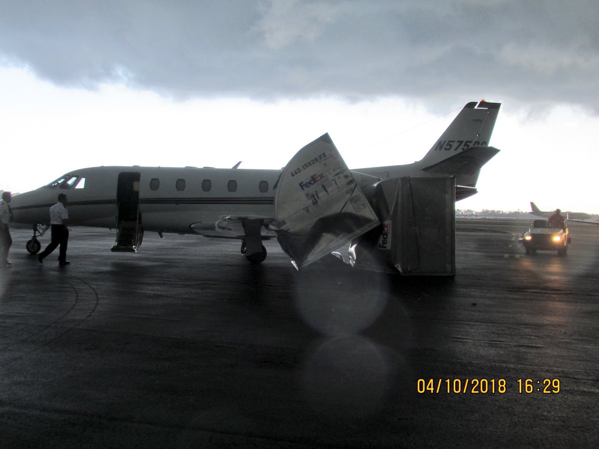 MattReaganWX's tweet image. Damage pictures from potential tornado touchdown at Ft. Lauderdale Hollywood International Airport. Airplane, which is tied down, was also moved slightly. (Not sure if it’s a tornado or downburst)