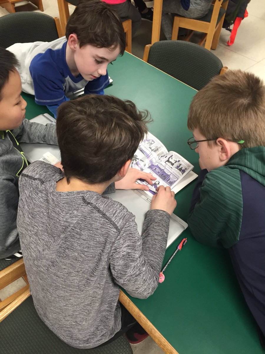 TimoniumES_lib's tweet photo. 5th graders exploring graphic novels. With the help of @ClassFlow, I was able to easily assign different panels to groups of students for collaboration. #slm18 #bcpslms @BCPSLMP #futurereadylibs https://t.co/XR7skhhhCZ