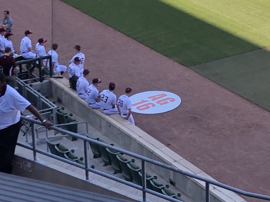 Travis_L_Brown's tweet photo. In a classy move, Texas A&amp;M has placed “AG 16” batting mats on the field for their game against Texas in honor of former UT HC Augie Garrido, who passed away in March. https://t.co/rcH1QmDvR1