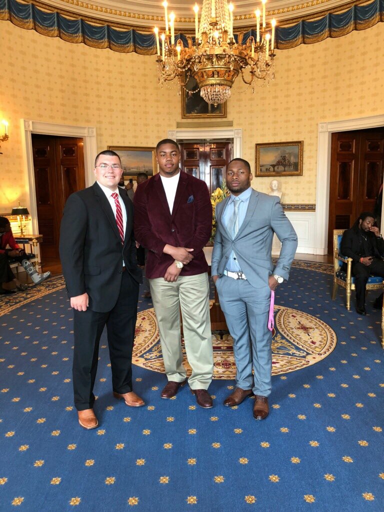 Former <a href="/JCJetsFootball/">James Clemens Jets Fb</a> &amp; current <a href="/AlabamaFTBL/">Alabama Football</a> players <a href="/ryan_parris/">Ryan Parris</a> <a href="/LabryanRay/">LaBryan Ray</a> &amp; <a href="/No_fly29/">Coach McDonald</a> at the White House today in recognition of Alabama’s 2017 National Championship.