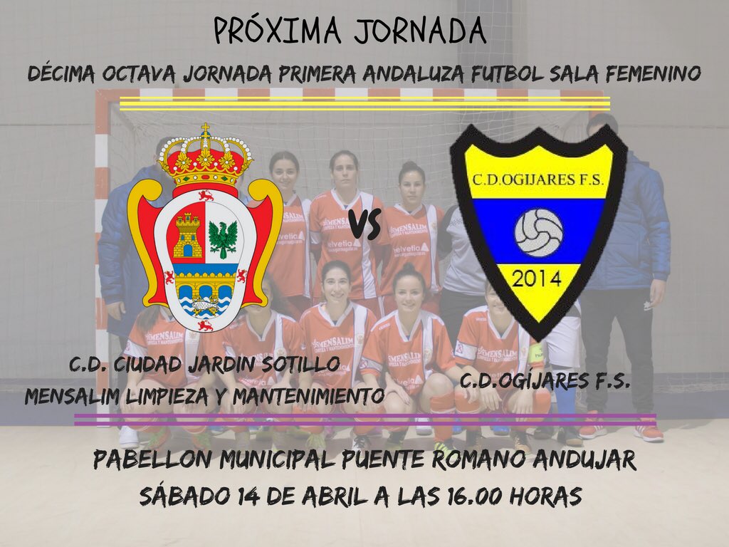 Ya tenemos hora y día para el próximo encuentro liguero.

⚽️Ciudad Jardín - <a href="/OgijaresFS/">Ogijares Futbol Sala</a> 
⏱16.00 horas
📆 Sábado14 de Abril 
🏫 Pabellón municipal de Andújar ( puente romano )
🔴ENTRADA GRATUITA

Comienza la primera final de las 4 que restan para finalizar la temporada 💪🏽💪🏽
