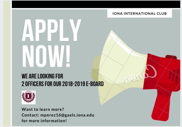 IC_Slam's tweet photo. Don't miss your opportunity to become an Iona International Club e-board member. Email mperez16@gaels.iona.edu for more information https://t.co/AbujgPWrzv