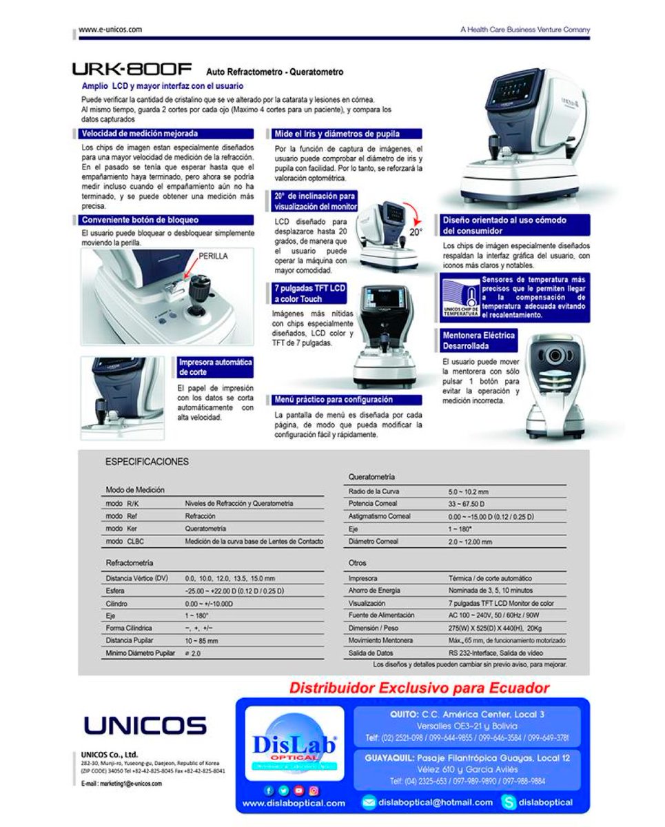 unicosec's tweet photo. #Unicos #URK-800F #AutoRefractometro #Queratometro
🔹 Comprueba opacidades cristalino, defectos córnea
🔹 Compara datos capturados (2 cortes en cada ojo)
🔹 Velocidad Medición, incluso con empañamiento de imagen
🔹 Menú práctico y fácil de configuración
🔹 LCD 7” Táctil a Color https://t.co/zVKjJ4m8SG