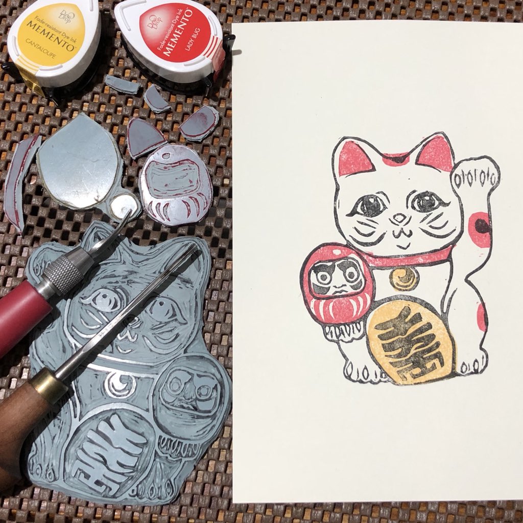 sumthinblue's tweet photo. 😺😺😺 #manekineko #luckycat #handcarved #rubbercut #linocut https://t.co/IN61QiRGjd