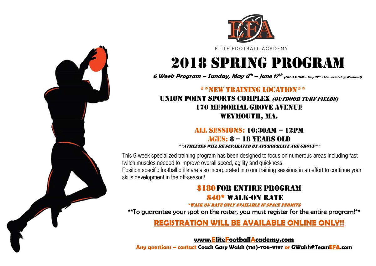 The_EFA's tweet photo. 🏈REMINDER🏈

Spring Program registration is open online and the roster is filling up fast!

We’ve confirmed coaches that will be joining us with playing / coaching experience across all levels. 
Youth, HS, College, Canadian &amp; Arena Leagues, and even NFL

https://t.co/HYFUbAsxwD https://t.co/5kpRq0goos