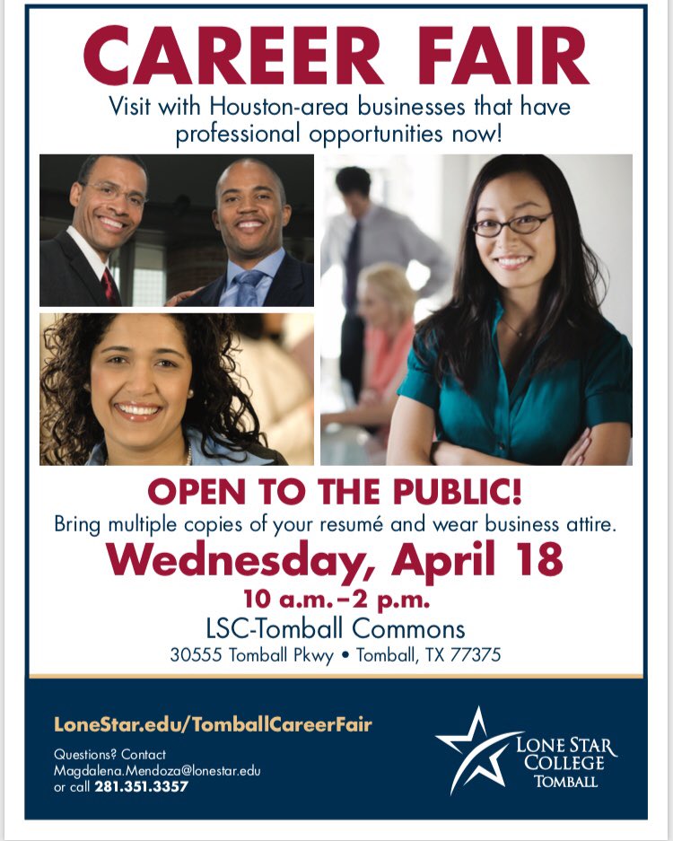 CLASSatLSCT's tweet image. Are you looking for a job? What about an internship? Join us April 18 from 10am-2pm @LSCTomball for the 2018 Career Fair. Bring copies of your resume and dress accordingly. @teamtomballtx @tomballchamber @tomballlibrary @impactnews_tom