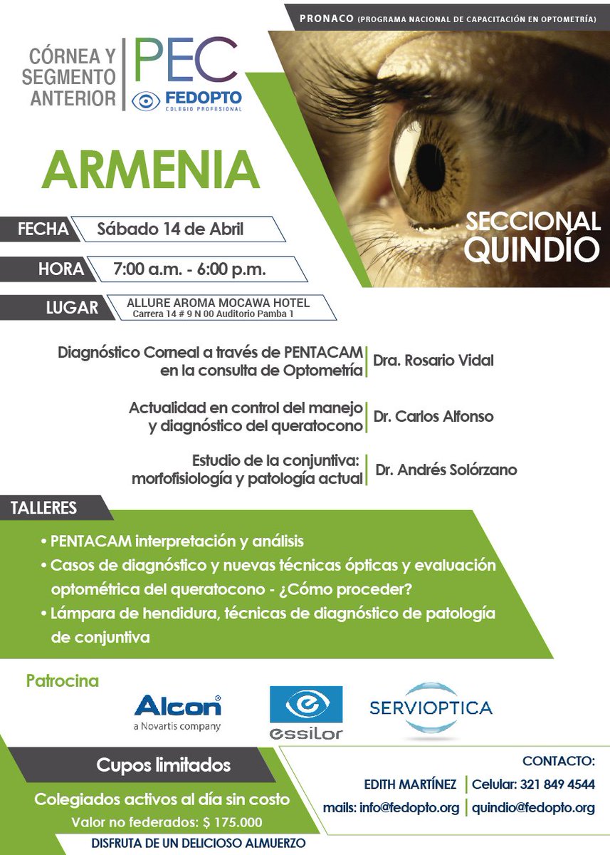 FedoptoOficial's tweet photo. Armenia de la mano de la Seccional Quindío, será la ciudad que reciba este 14 de Abril al PEC de Córnea y Segmento Anterior. Inscríbete --> Quindio@fedopto.org https://t.co/JiJaA7INl9