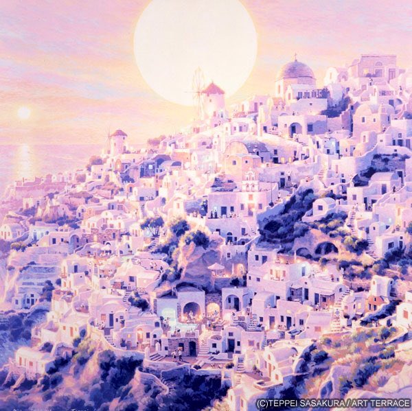 ささポチ 笹倉鉄平ちいさな絵画館 4 19からの 旅情さそう作品展 で展示します 笹倉鉄平 Teppei Sasakura 夕日の街 イア Oia Thira 1998年 Greece Santorini 笹倉鉄平 全版画集 02 13 Dvd 笹倉鉄平の絵画世界 通販承ります 笹倉