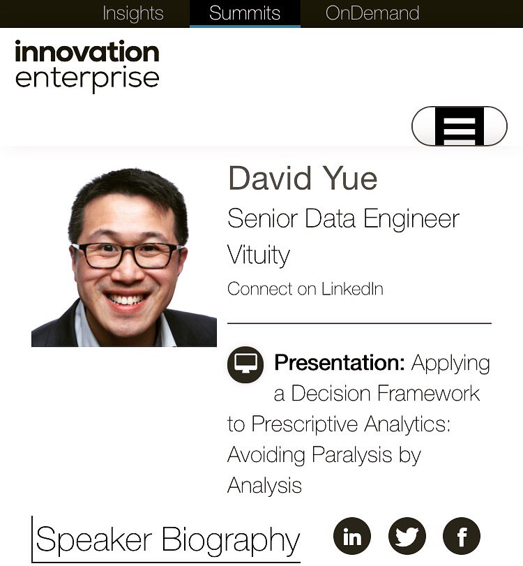Vituity_PM's tweet photo. Big news! 🚨 Our very own David Yue, Sr. Data Engineer, will be speaking at the Big Data Innovation Summit held this week in San Francisco! #DataWest18. Thank you to @IEGroup for hosting this event!

#Vituity #Vitans #Data #BigData #Healthcare #Analytics #Innovation #BayArea https://t.co/FruhweMkg9